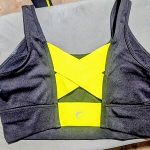 ZYIA Black Sports Bra with Neon Yellow Cross-Back Detail
